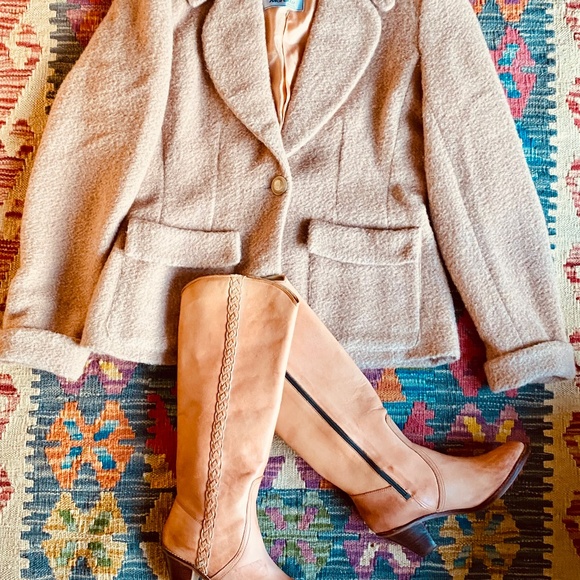 Vintage Wool-Mohair-Alpaga Winter Jacket Camel Tan Brown Oversize Cozy Blazer - Picture 7 of 8